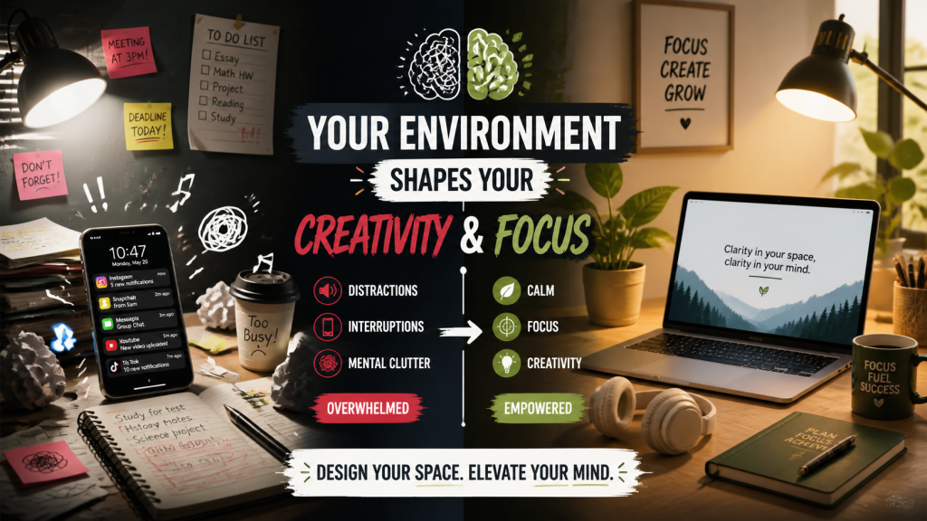 Split workspace showing distraction versus focus, with a messy bright desk on the left and a calm organized desk on the right.